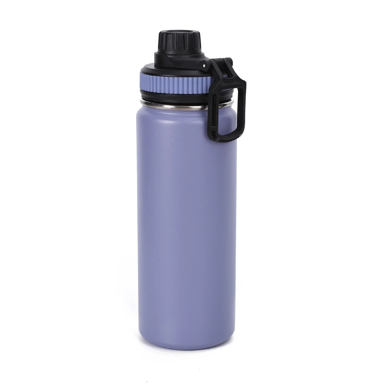 Lavender stainless steel sport water bottle with a black spout cap, blue ribbed collar and black flip handle