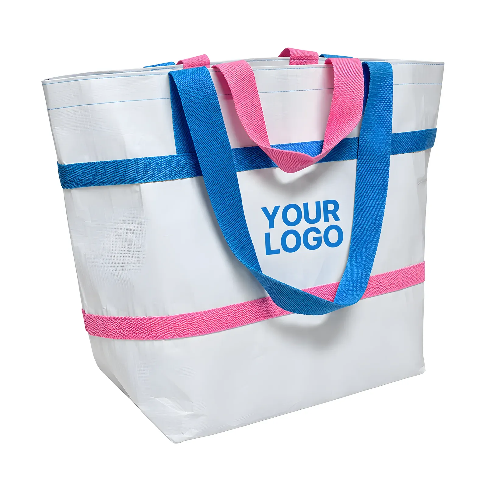 Angled view of the large white RPET tote with blue and pink contrast webbing trim