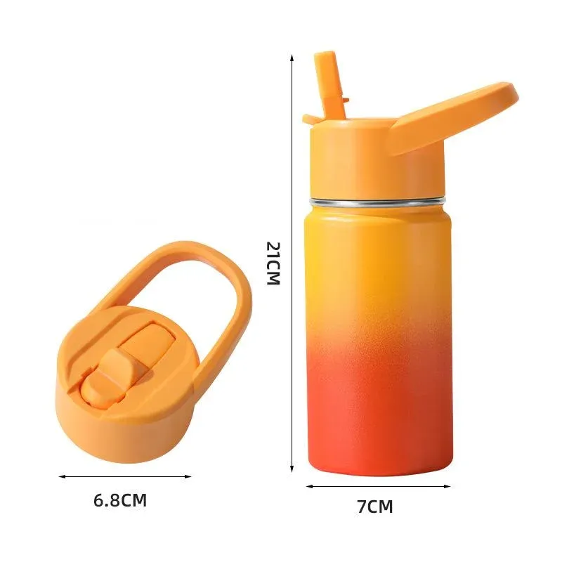 Orange-to-red gradient straw water bottle with an orange flip-handle lid and dimension annotations 21 cm height and 7 cm diameter