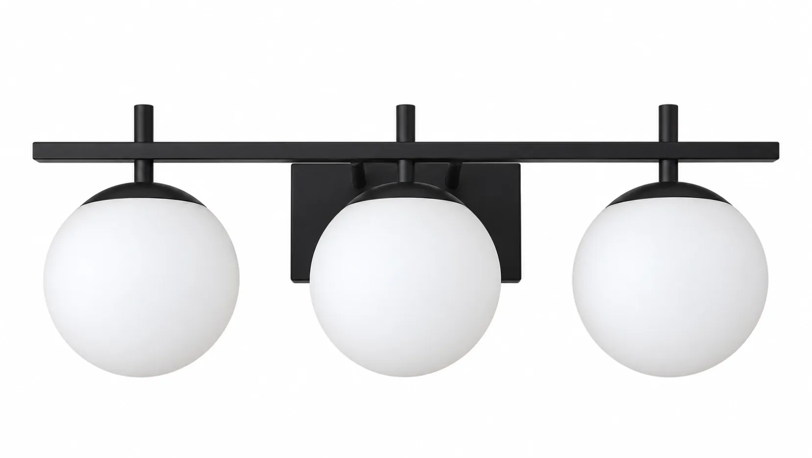 spw-2607-Matte black three-globe vanity wall light with white glass shades, horizontal metal bar and rectangular backplate, product front view.