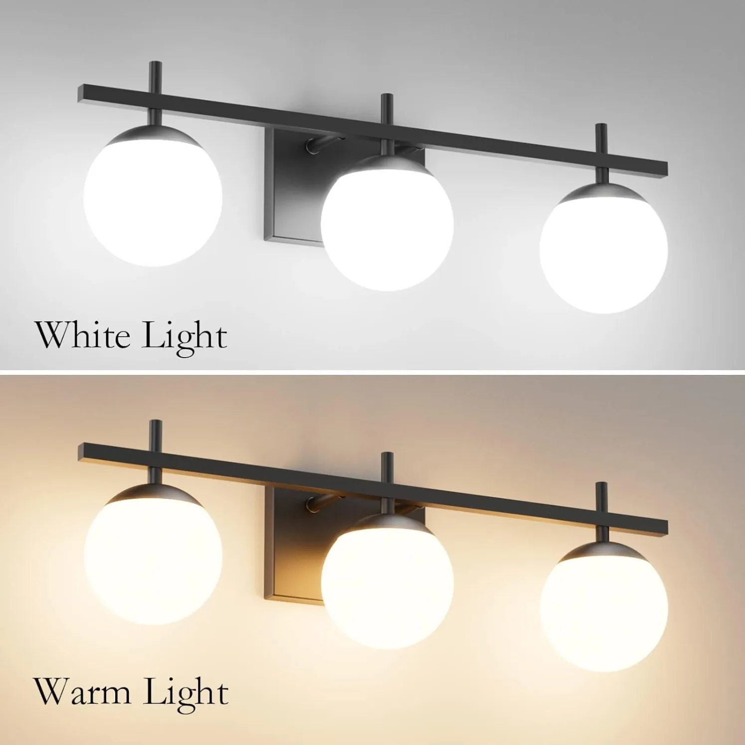 SPW-2607 black three-globe vanity wall light showing white and warm lighting effects with frosted glass shades for hotel bathroom mirrors.