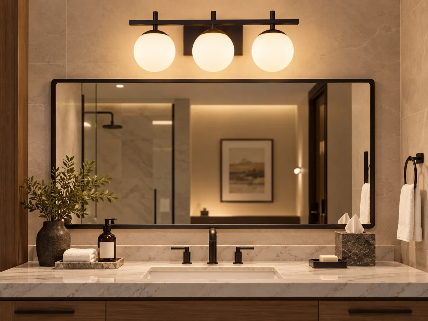 SPW-2607 matte black three-globe vanity wall light with white glass shades and warm lighting installed above a mirror in a modern hotel bathroom.