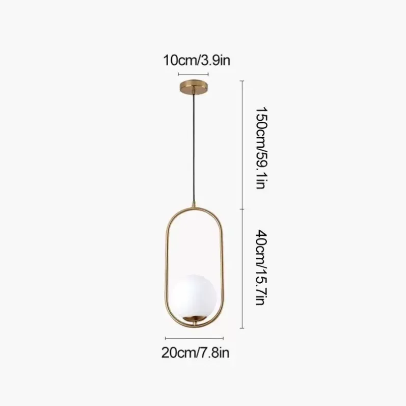 Brass oval glass globe pendant light dimensions showing 20 cm width, 40 cm fixture height and 150 cm suspension length.