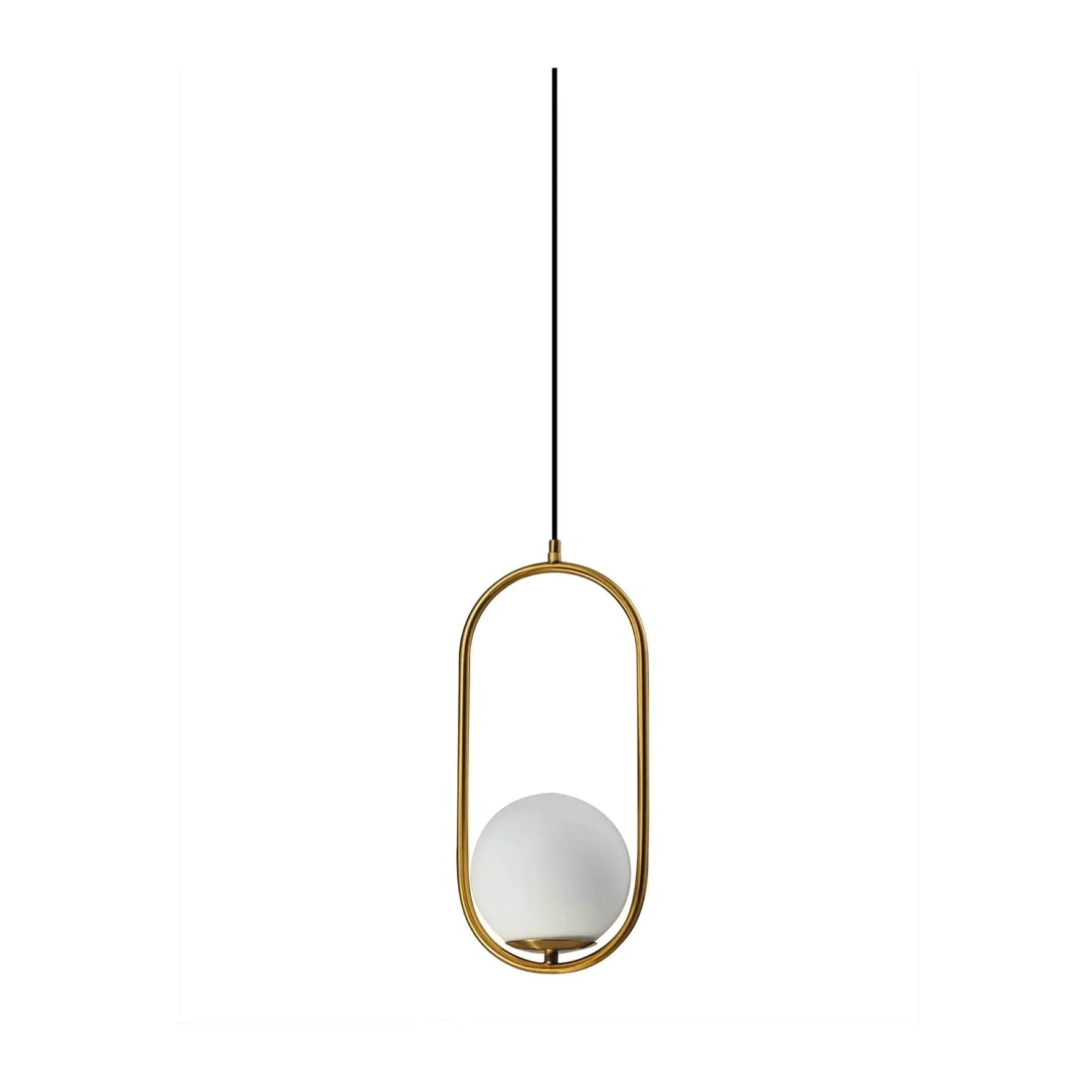 Modern brass oval frame pendant light with white glass globe shade and black suspension cord.