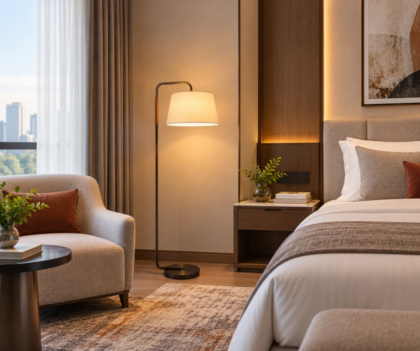 SPF-2609 brass-tone floor lamp with warm illuminated fabric shade in a contemporary hotel guestroom beside an upholstered chair and bed.