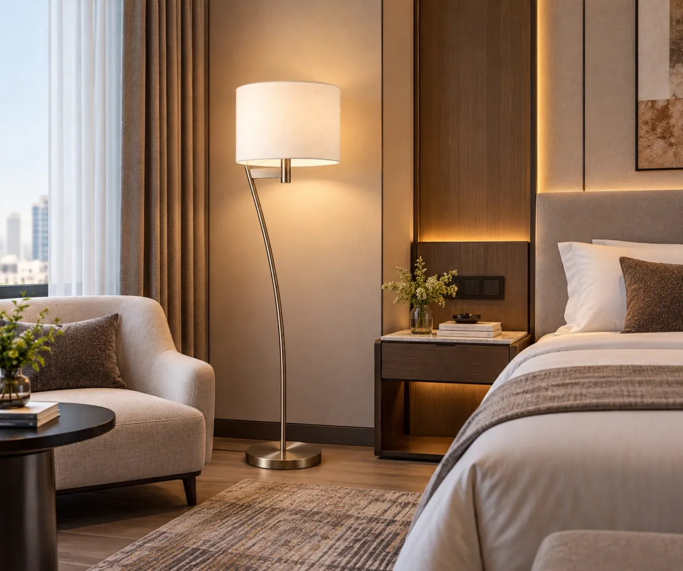SPF-2606 brushed nickel curved-arm floor lamp with white fabric drum shade in a modern hotel guestroom beside a lounge chair and bed.
