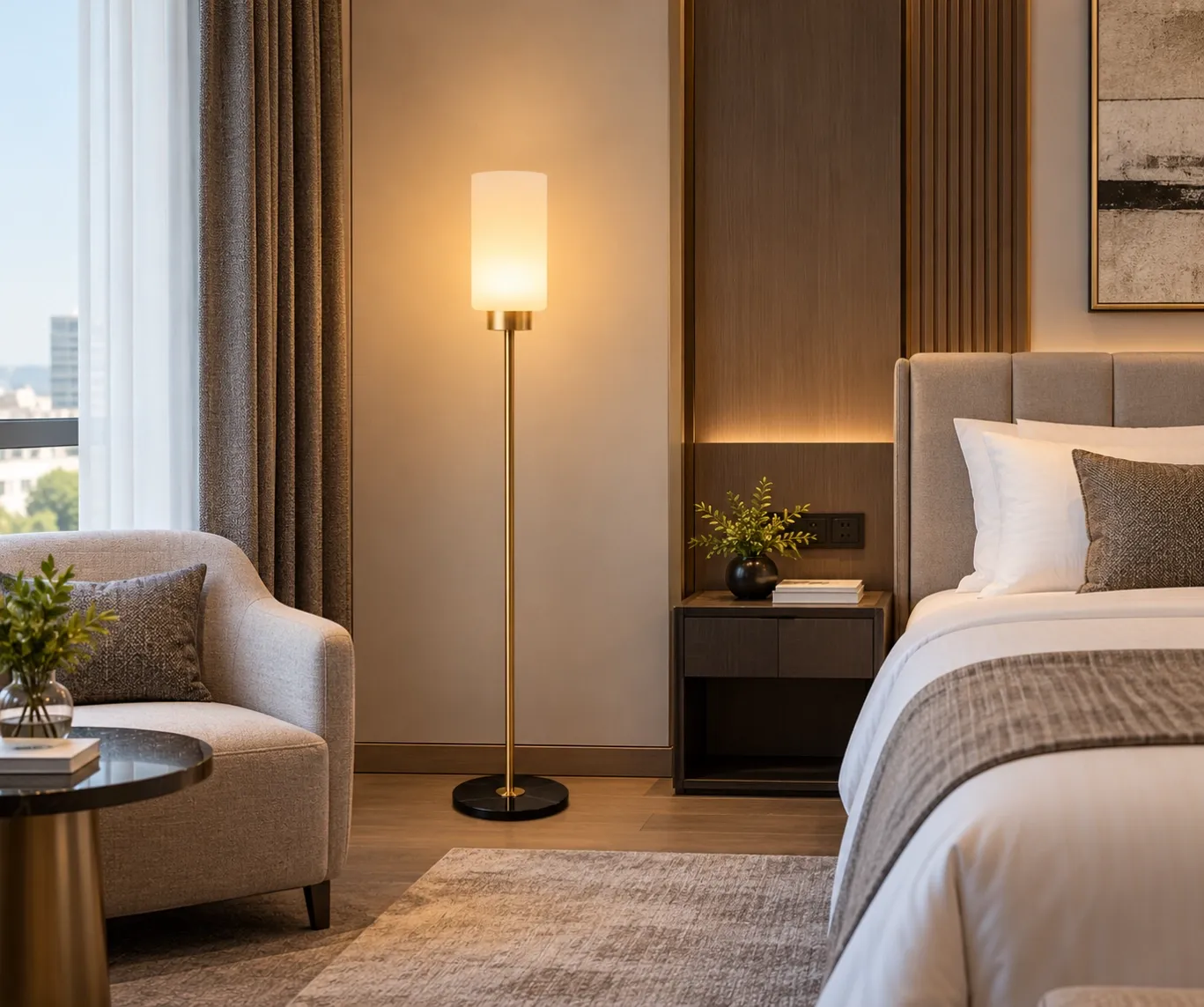 SPF-2615 modern brass floor lamp with white cylindrical shade in a contemporary hotel guestroom beside the bed and lounge chair.