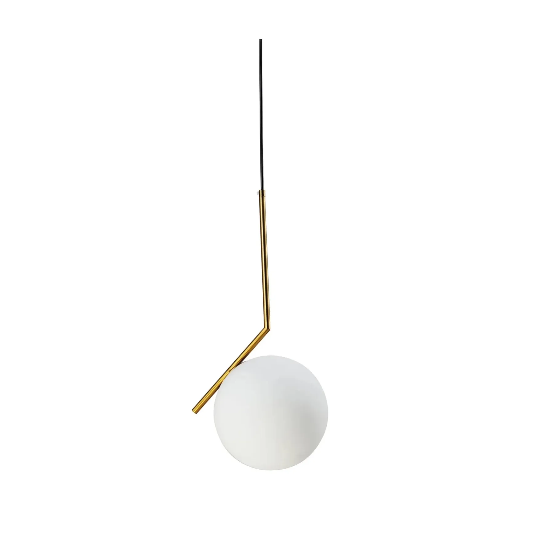 Modern brass glass globe pendant light SPP-2602 with asymmetrical metal frame and white spherical glass shade.
