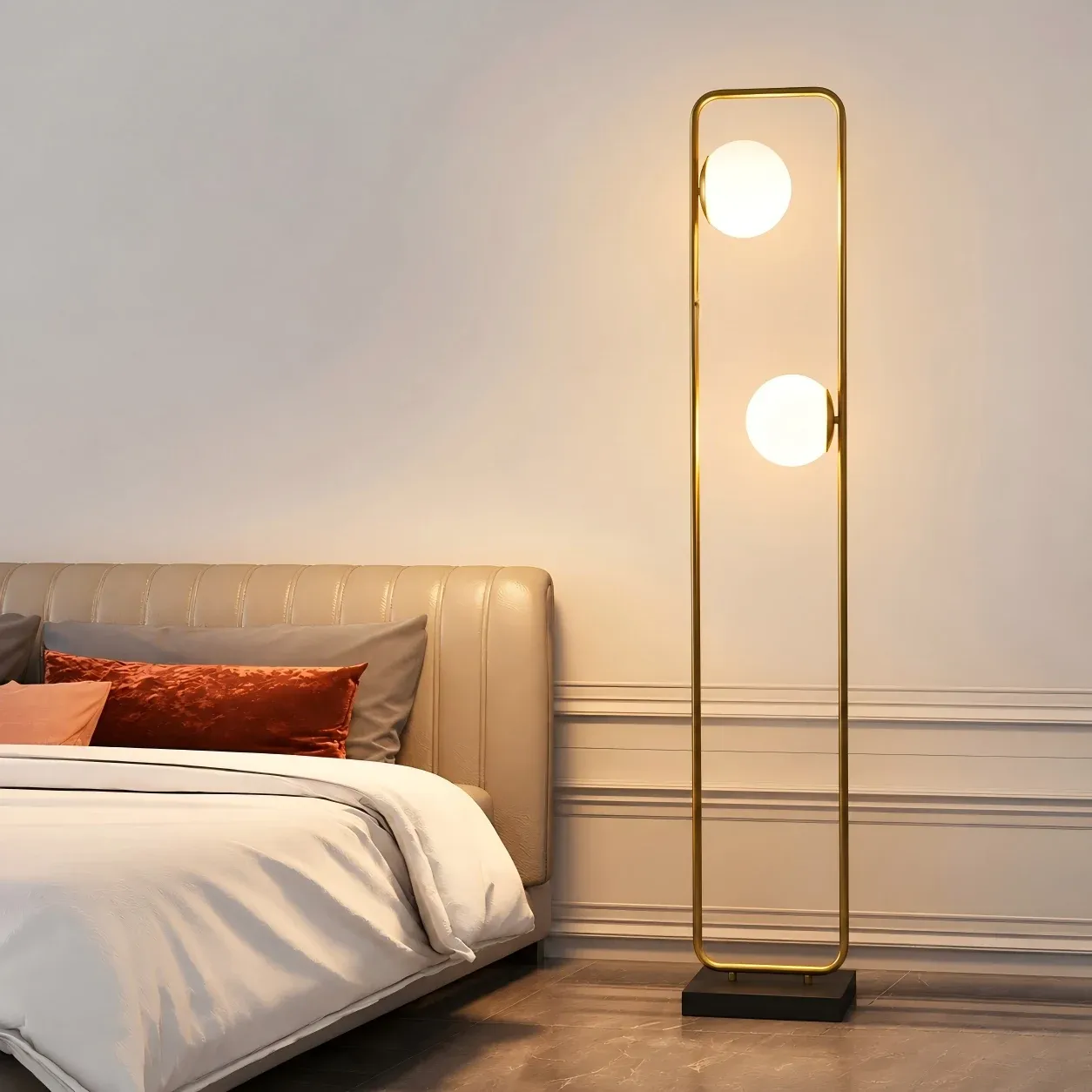 brass-rectangular-frame-double-globe-floor-lamp-bedroom-application
