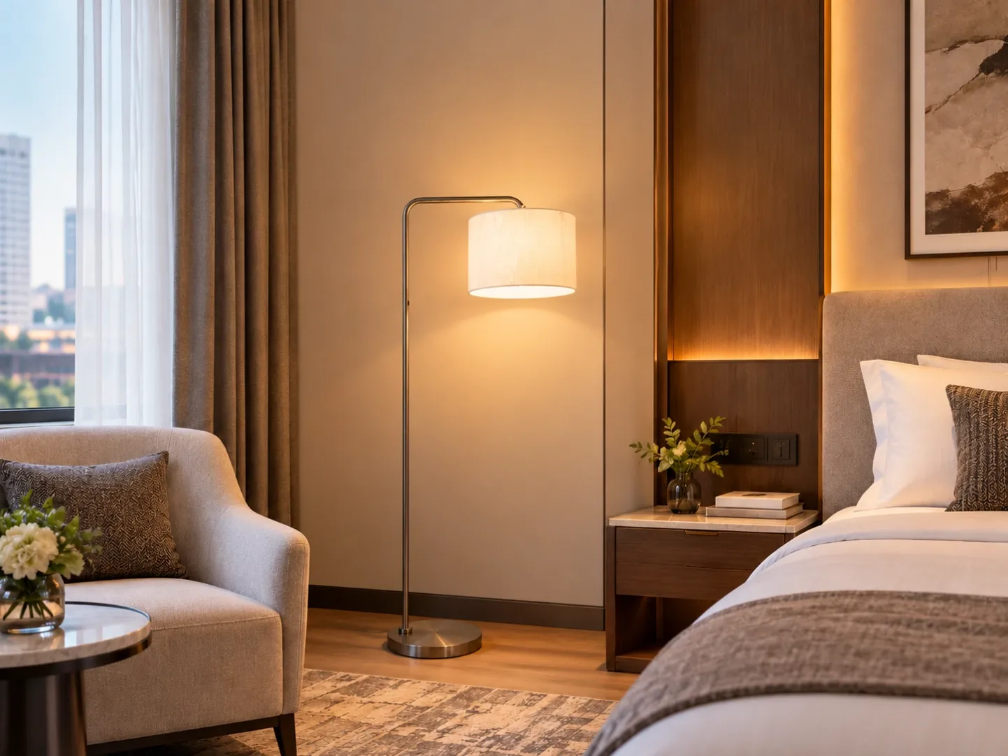 SPF-2604 curved-arm floor lamp with white fabric drum shade and metal base in a contemporary hotel guestroom beside an upholstered chair and bed.
