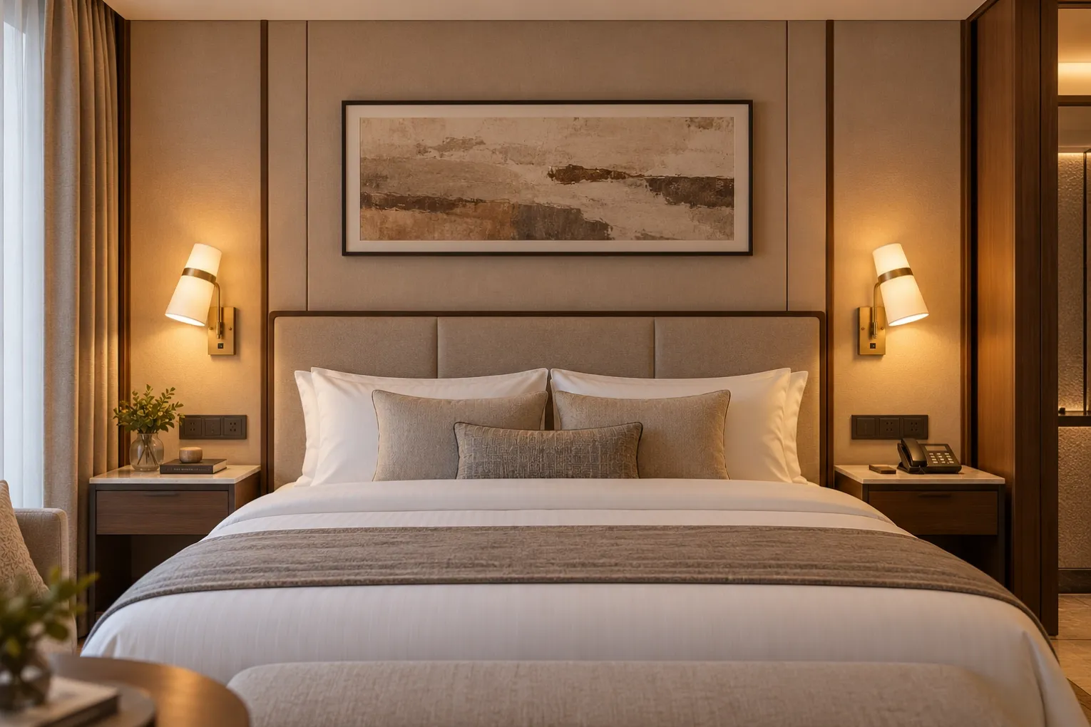 SPW-2606 brass bedside wall sconces with white fabric shades installed on both sides of a hotel guestroom bed, warm 3000K lighting.