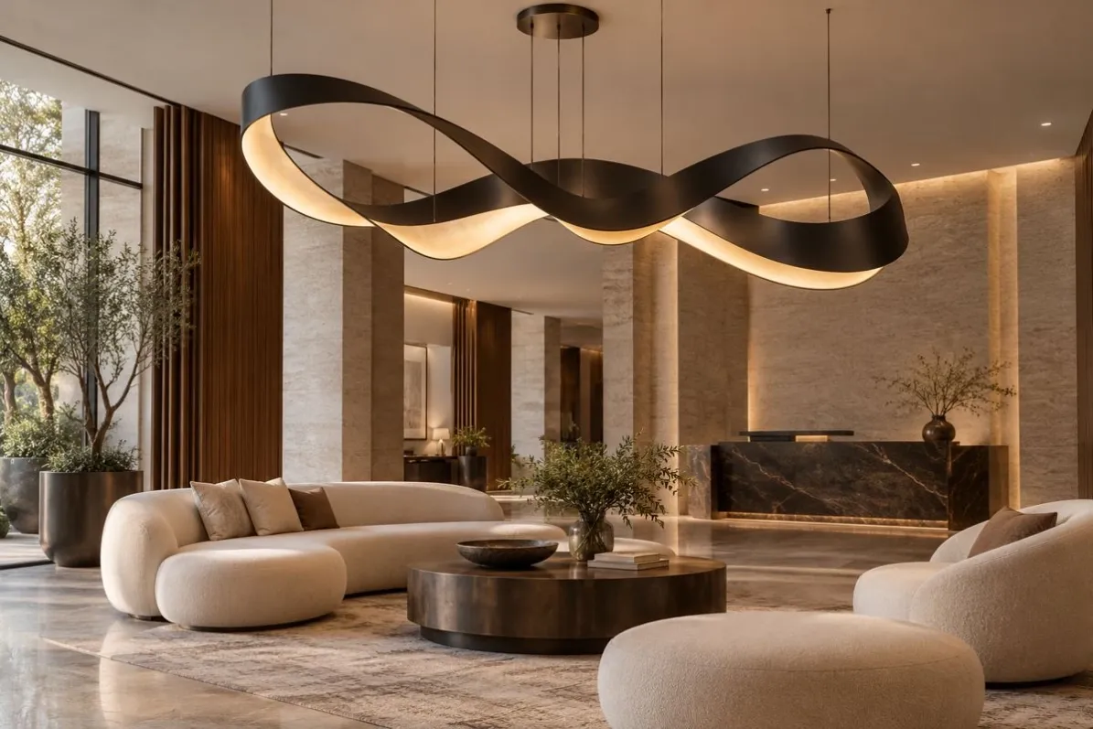 Sculptural ribbon pendant light above a hotel lobby seating area