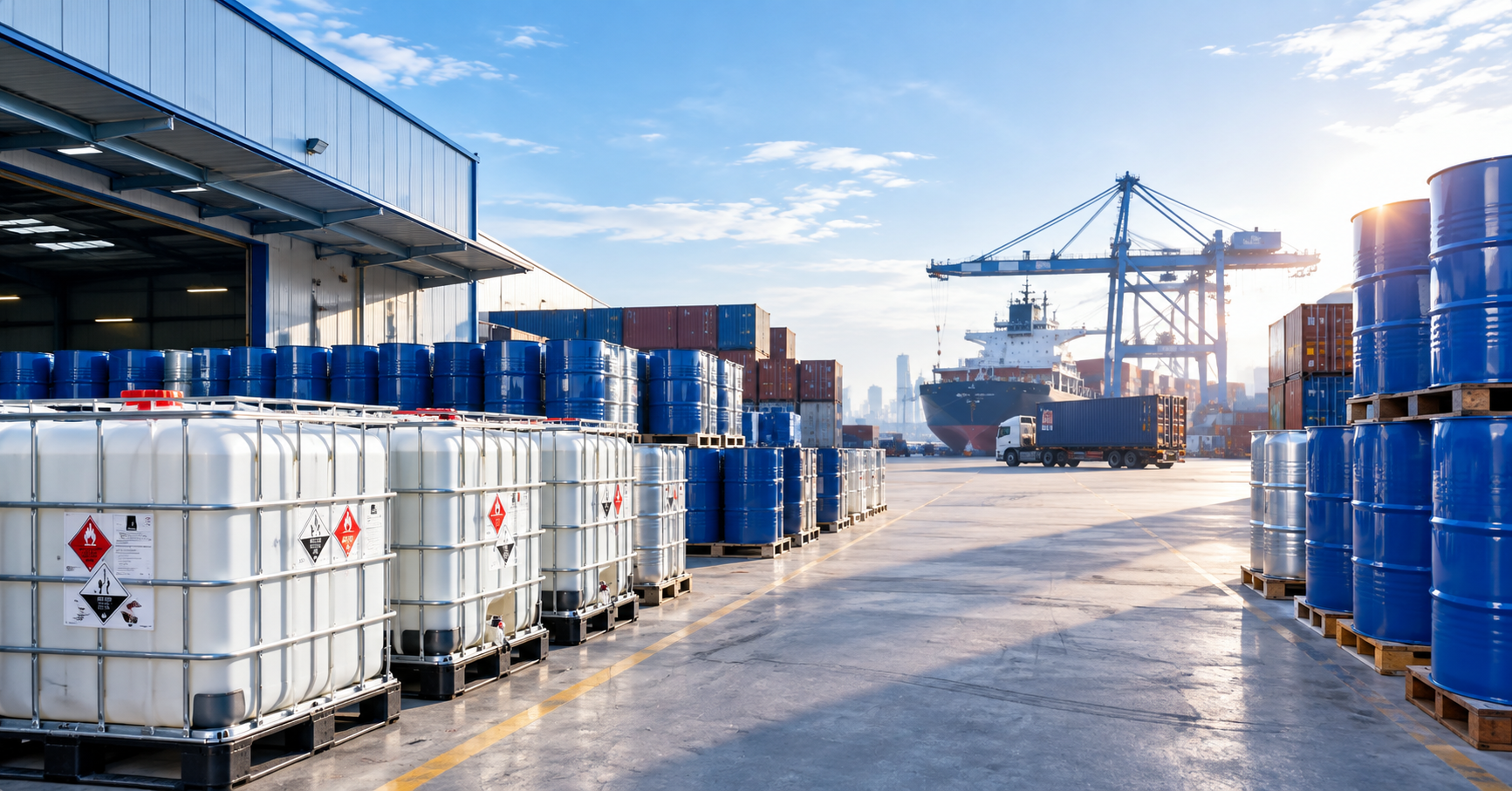 IBC totes and blue drums at a chemical export yard with container ship and cranes