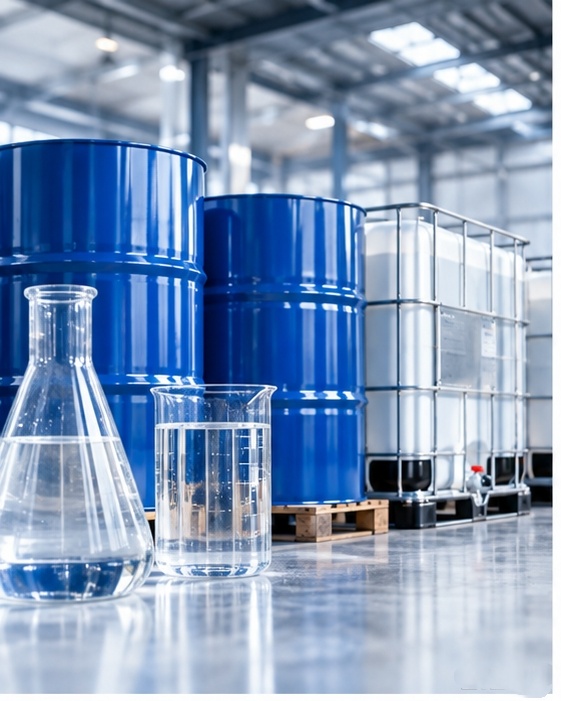 Blue steel drums, IBC tote and lab glassware with clear solvent in a chemical warehouse