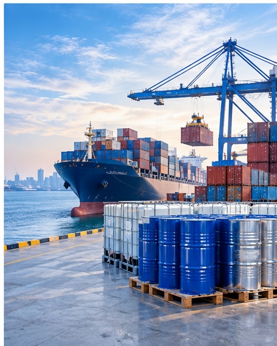 Container ship and cranes at a port with blue drums and IBC totes ready for export