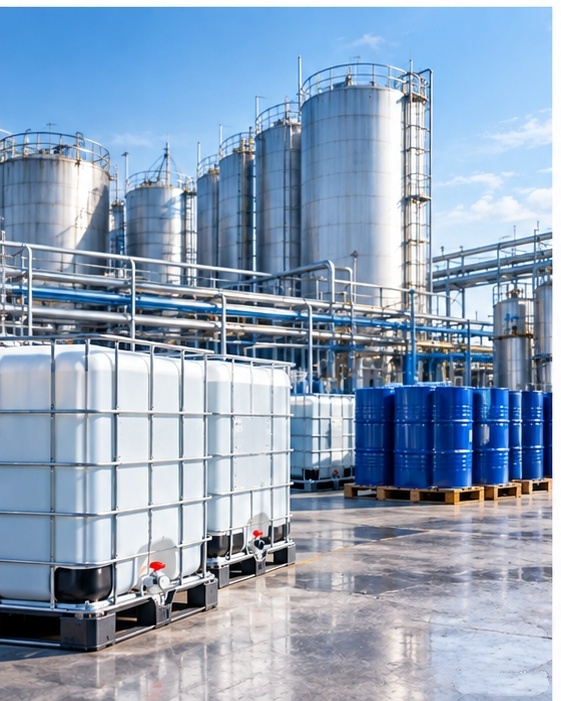 White IBC totes in front of stainless steel storage tanks at a solvent plant