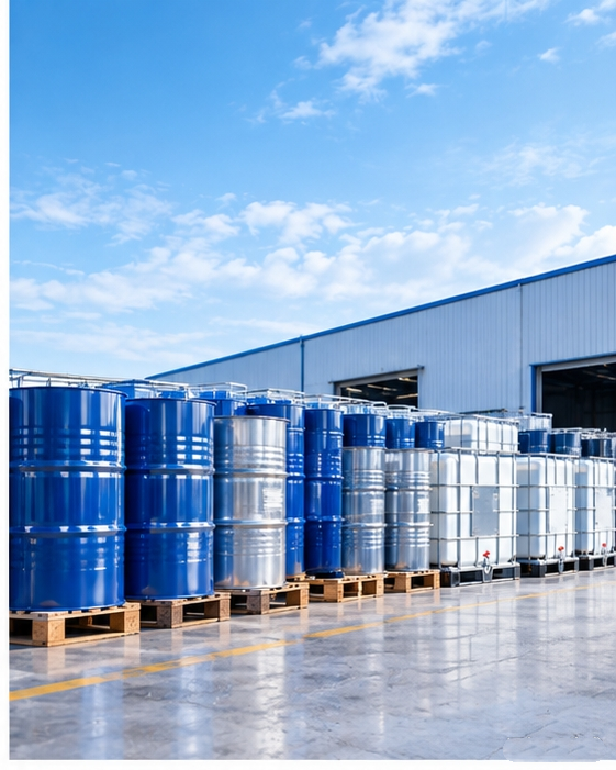 Blue and steel drums with IBC totes lined up outside a chemical warehouse