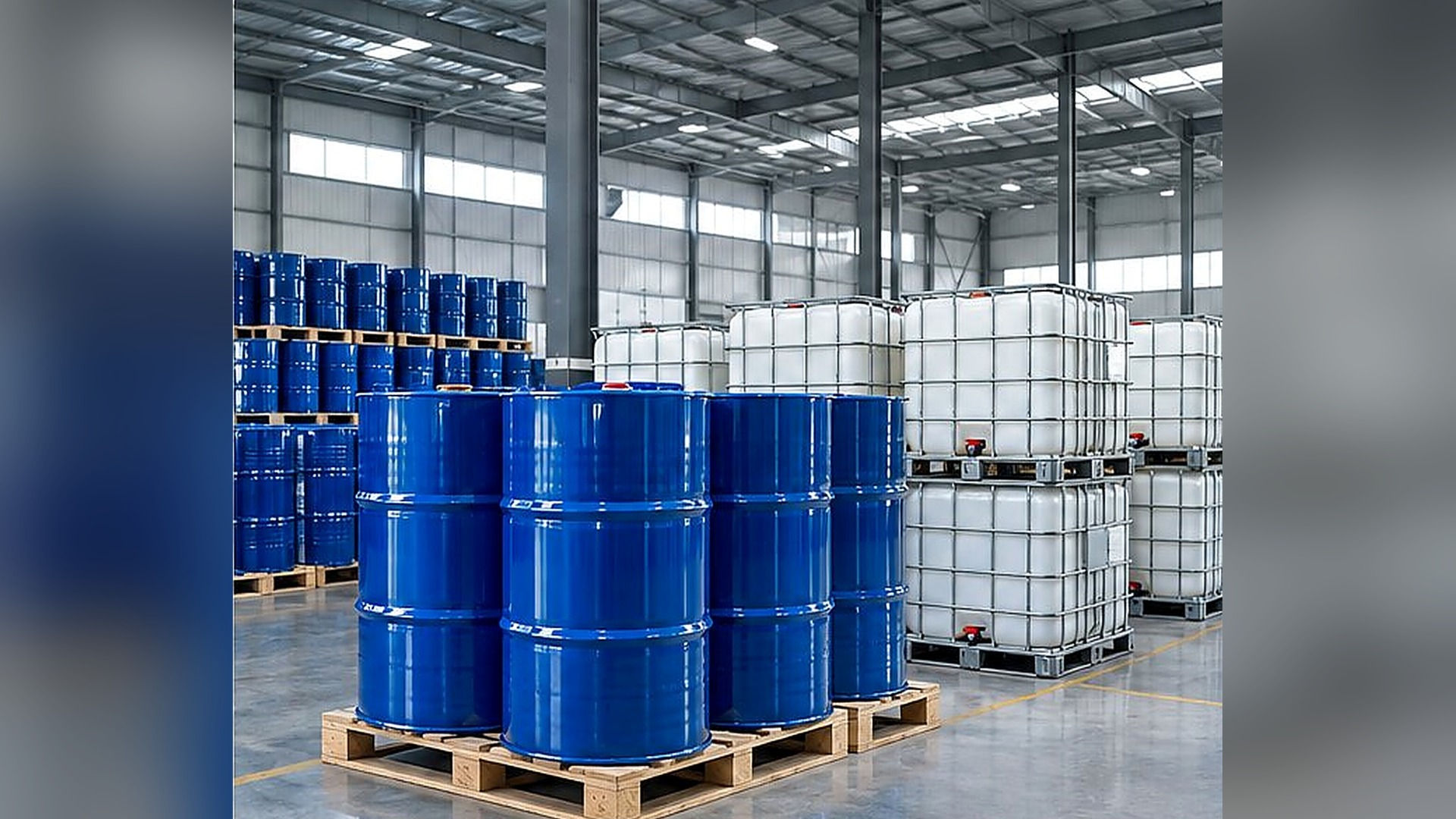 Industrial solvent bottles staged for shipment