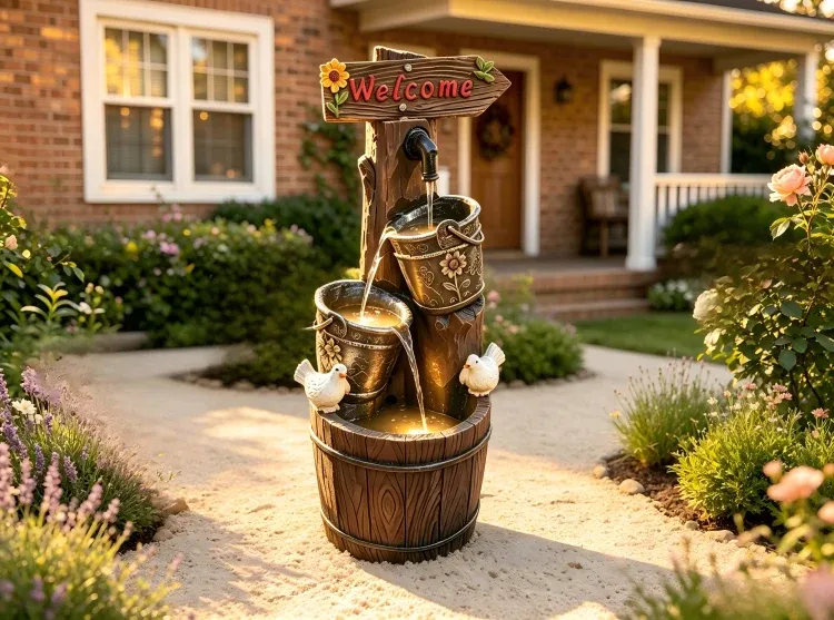wood cascads water fountains with birds