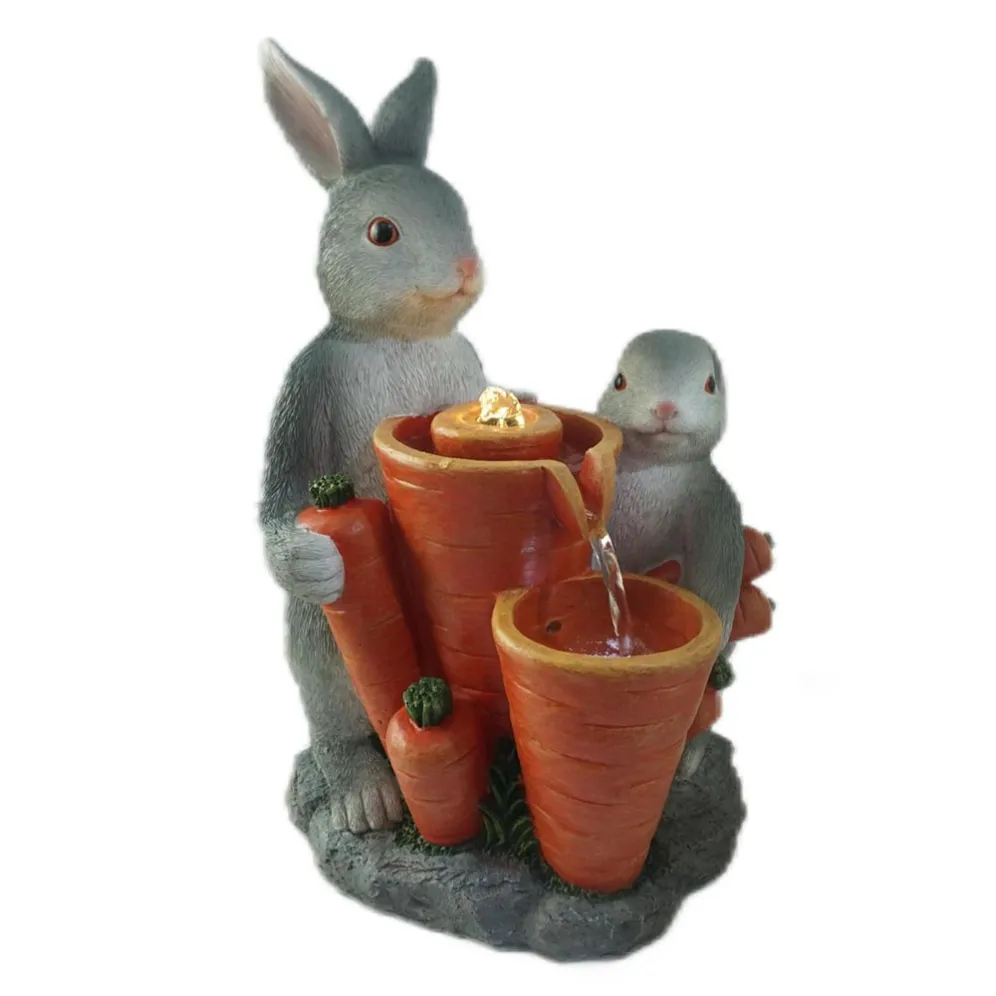 PY260006 Rustic resin garden fountain with two bunnies & carrot‑shaped pots