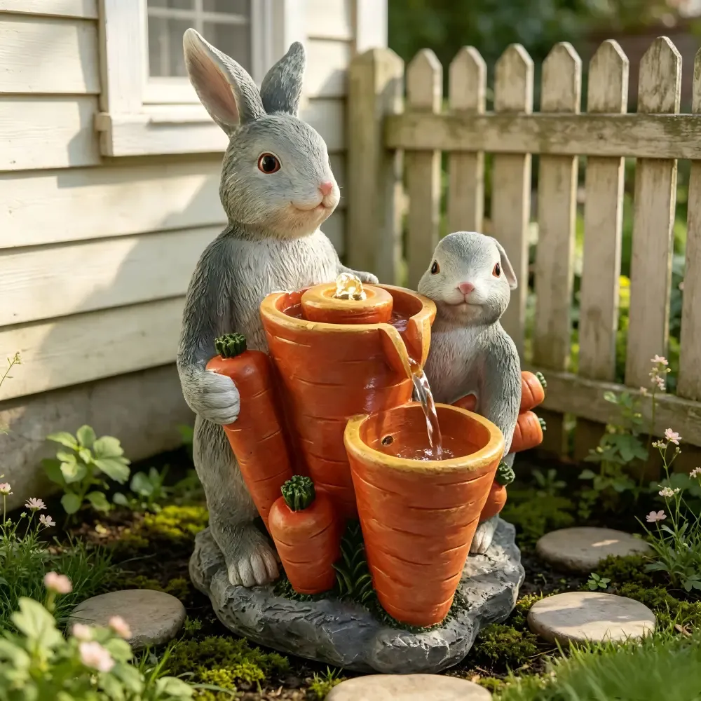 PY260006 Rustic resin garden fountain with two bunnies & carrot‑shaped pots (2)