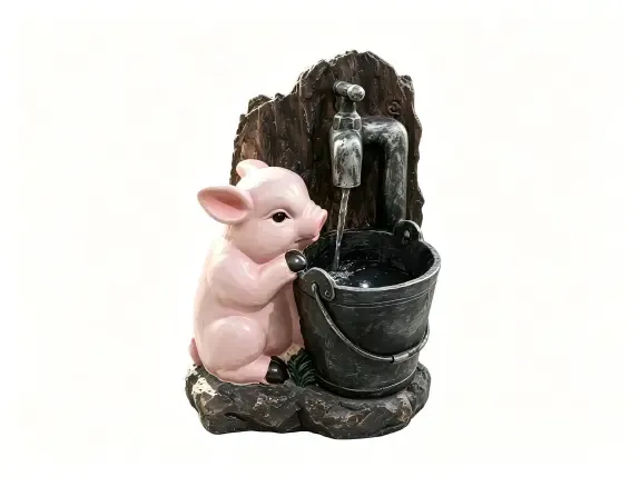 PY250117-Pink pig garden fountain with rustic water bucket and vintage spout