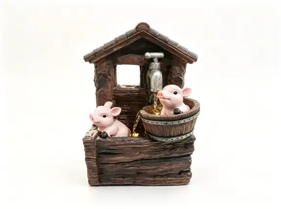 PY250029 -Farmhouse pig garden fountain with barn-style frame and barrel basin