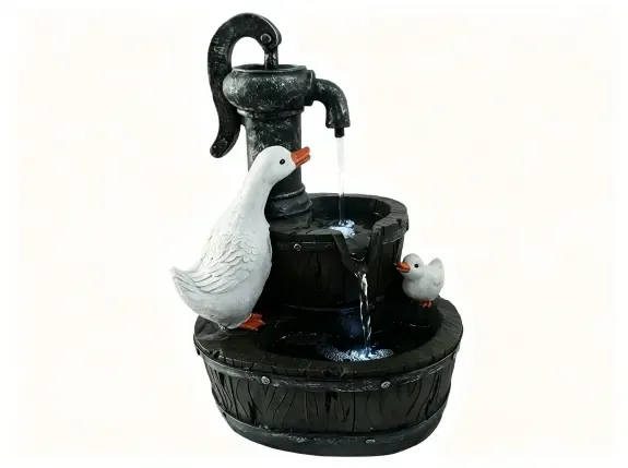 PY260007-Rustic goose and duck garden fountain in a farmhouse-style garden