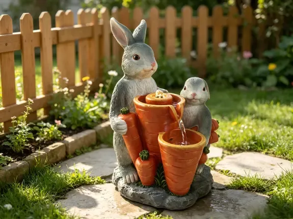 PY260006 Rustic resin garden fountain with two bunnies & carrot‑shaped pots (1)