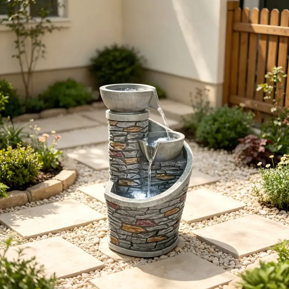 PY180203D - Unique Curved Pillar Garden Fountain with Cascading Waterfall (1)