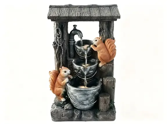 PY260005-Rustic squirrel garden fountain with tiered cascading bowls
