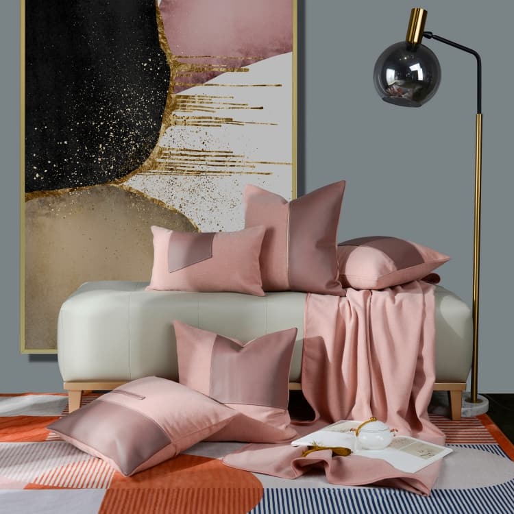 Wool and leather patchwork cushion, color-blocked