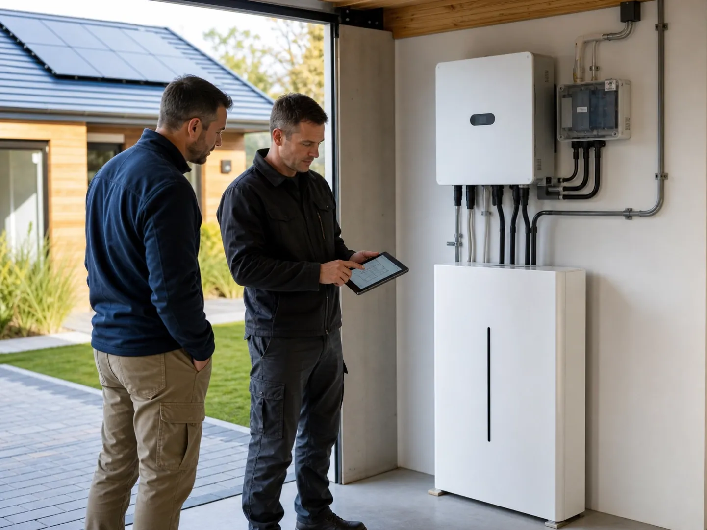 Solar distributor and installer reviewing a residential home battery project during a site visit