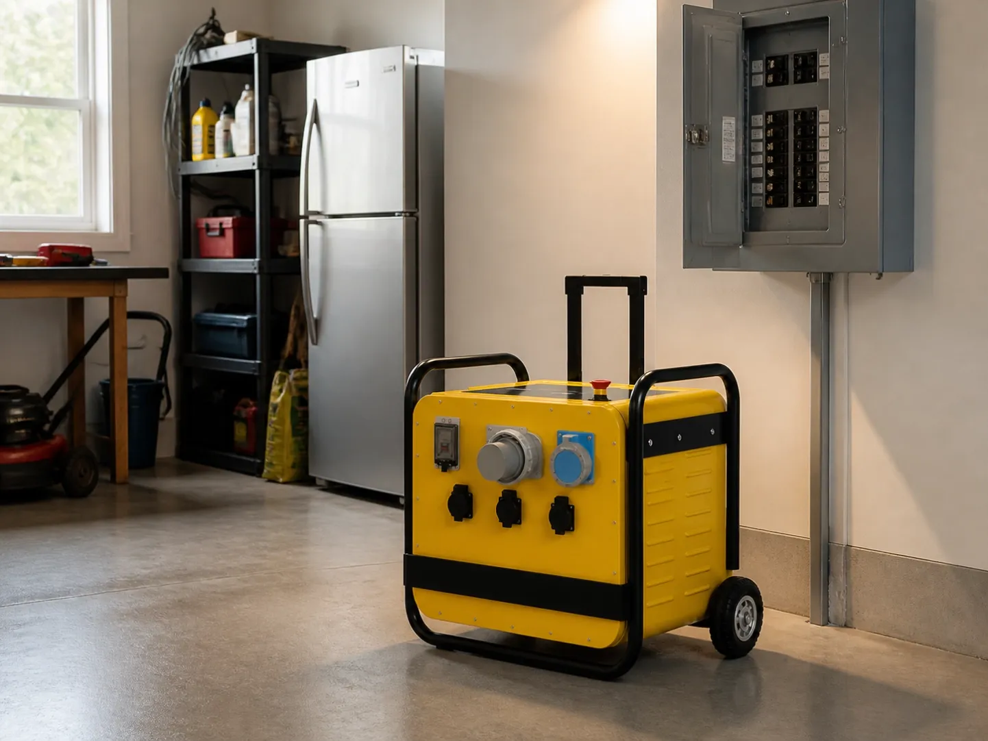 Yellow 5.12kWh home battery in a residential garage utility area