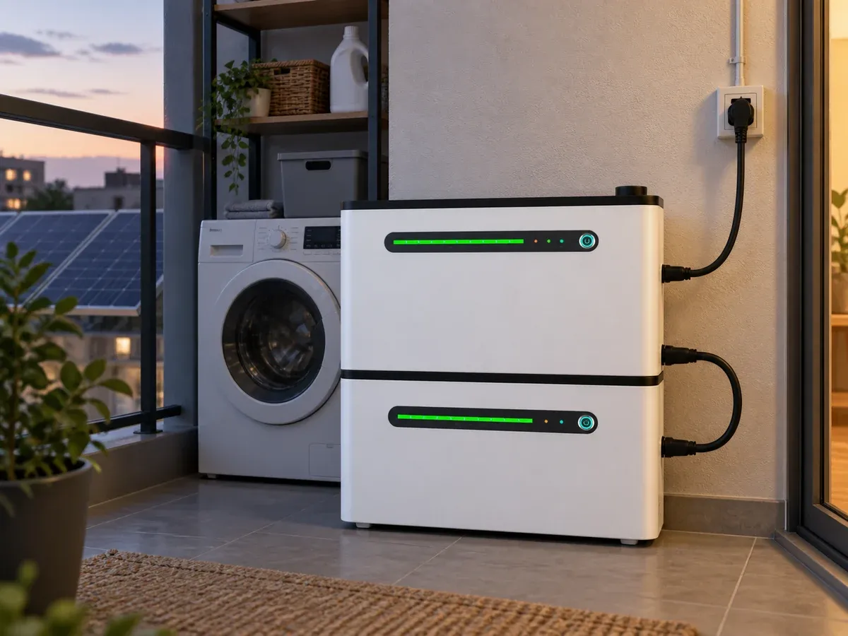 Two-module white balcony battery system installed beside a washing machine on a covered apartment balcony at dusk