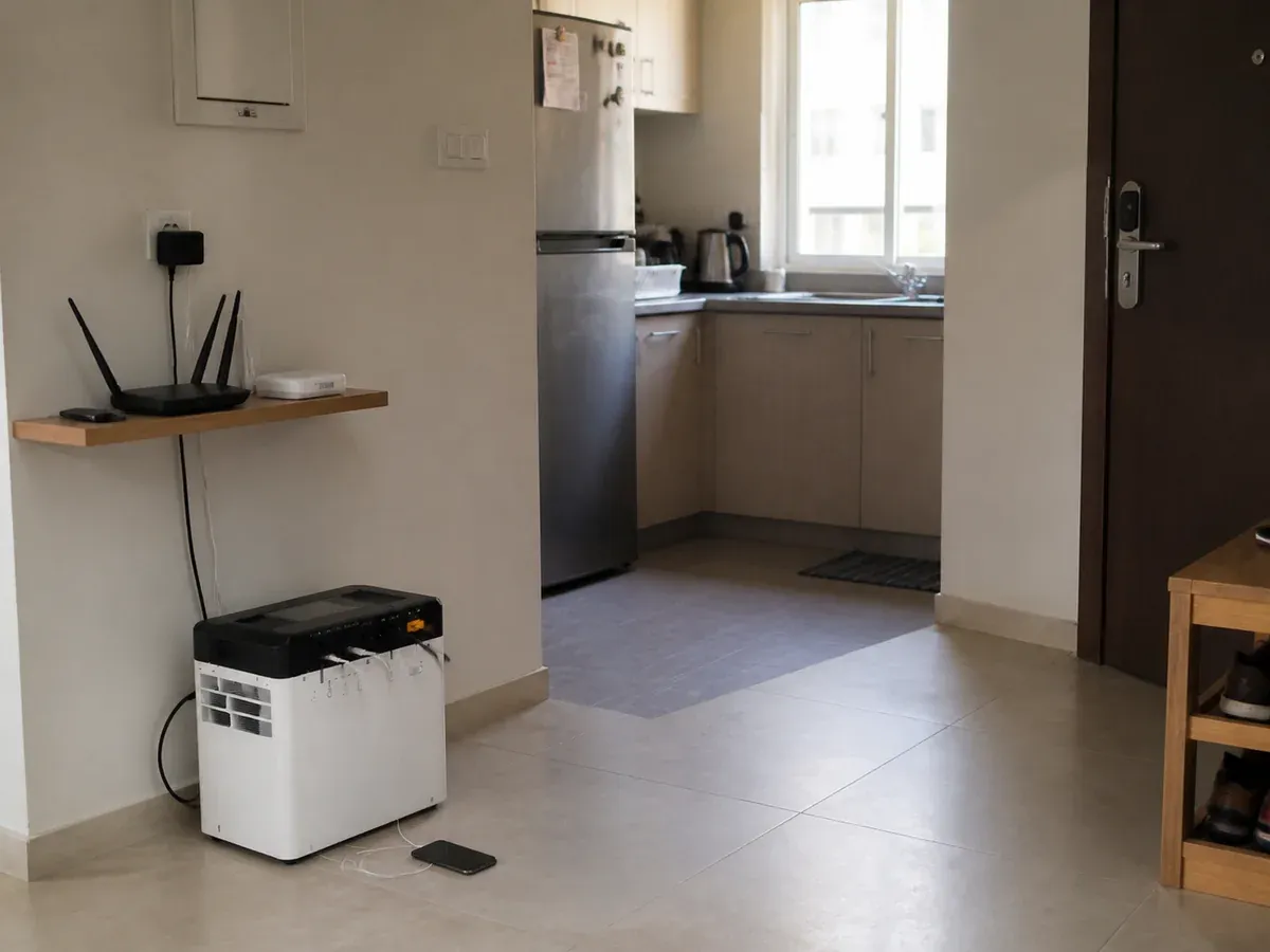 Compact 2kWh LiFePO4 home battery beside an apartment kitchen supporting essential-load backup planning