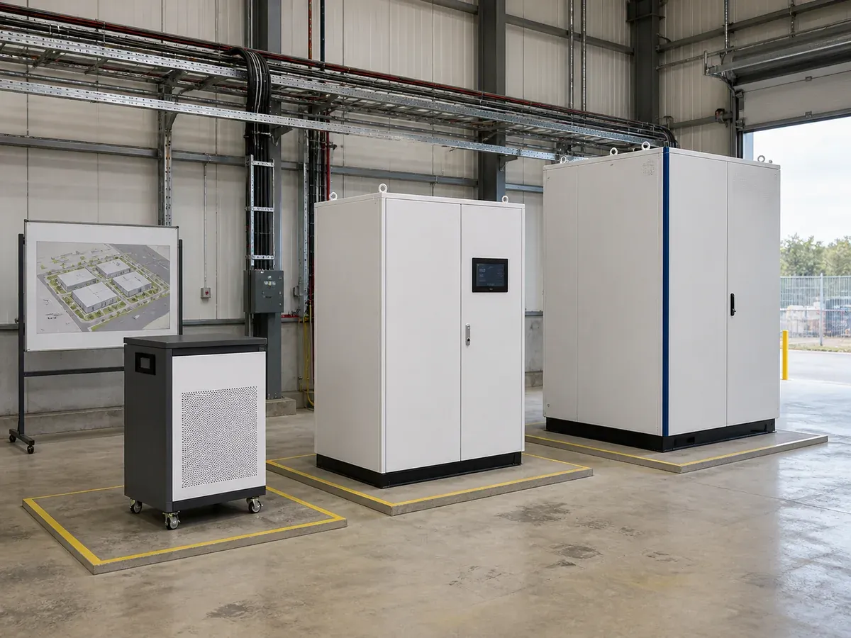 Three energy storage cabinet formats staged in an industrial integration bay for capacity and site comparison