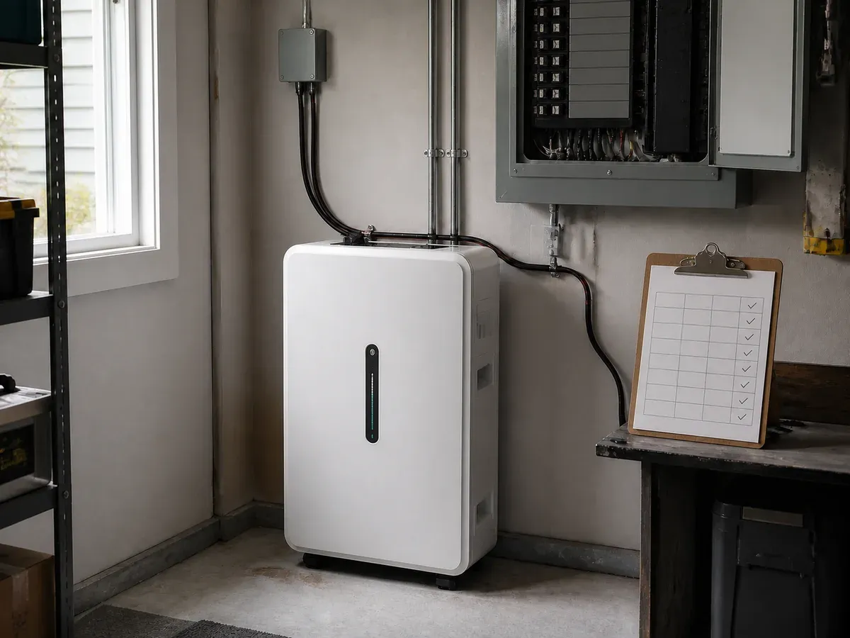 White 5kWh all-in-one home battery beside an essential-load panel for grid-charged backup planning without solar