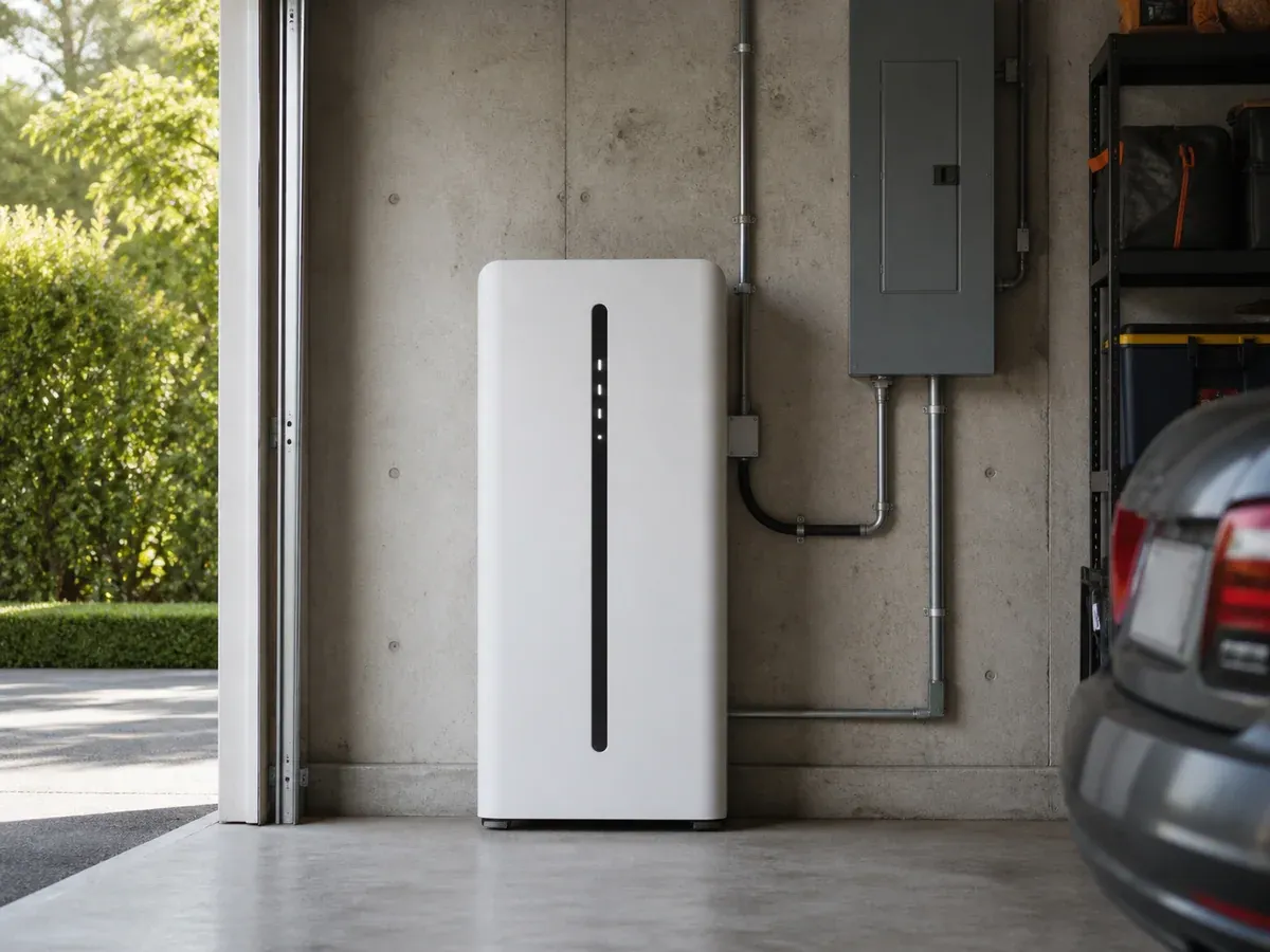 White home battery installed neatly on a garage wall with clear working space and protected cable routing