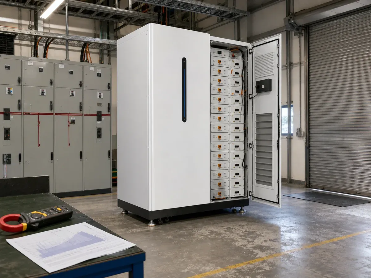 Open 215kWh industrial battery cabinet in a factory electrical room beside load-analysis equipment
