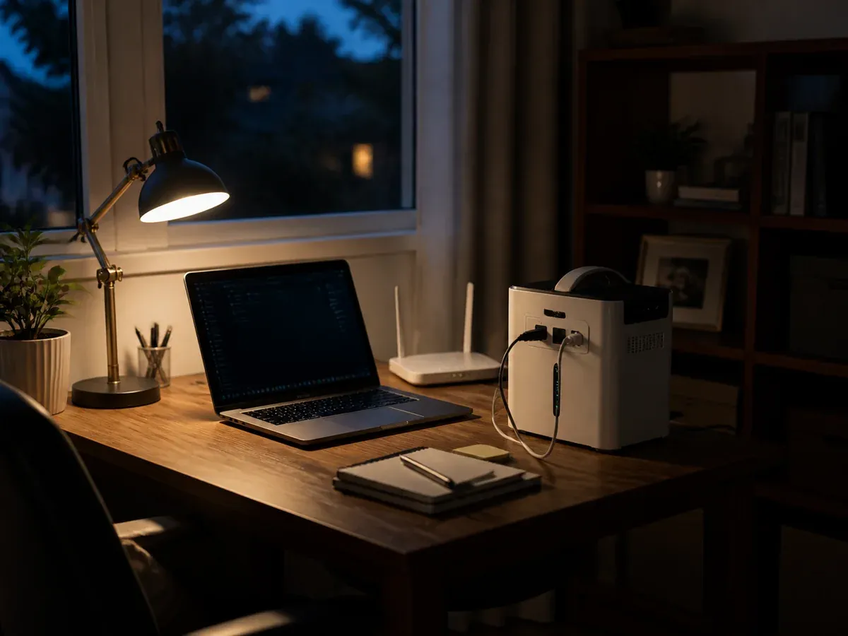 Compact 1kWh portable LiFePO4 battery powering a laptop router and desk lamp during a home office outage