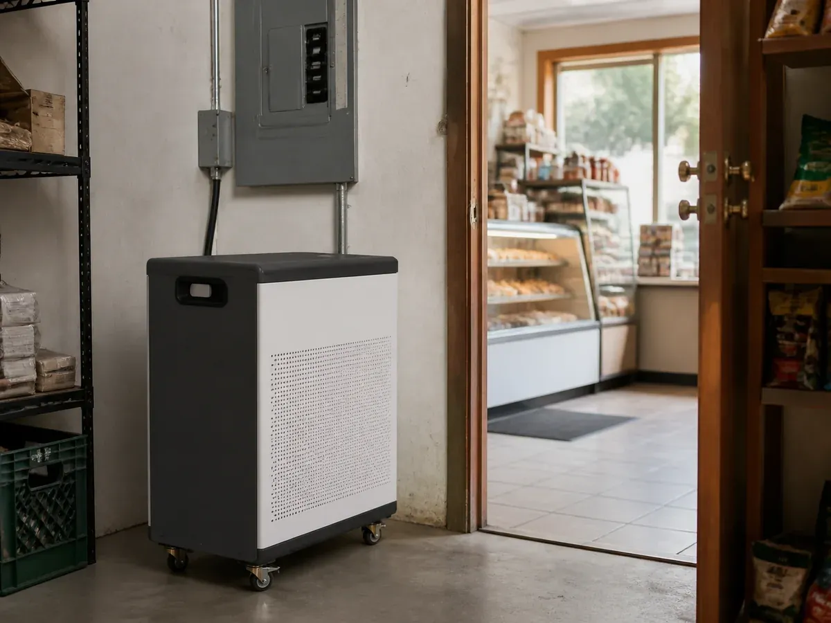 Compact 32kWh light-commercial battery cabinet in the back utility area of a small neighborhood shop