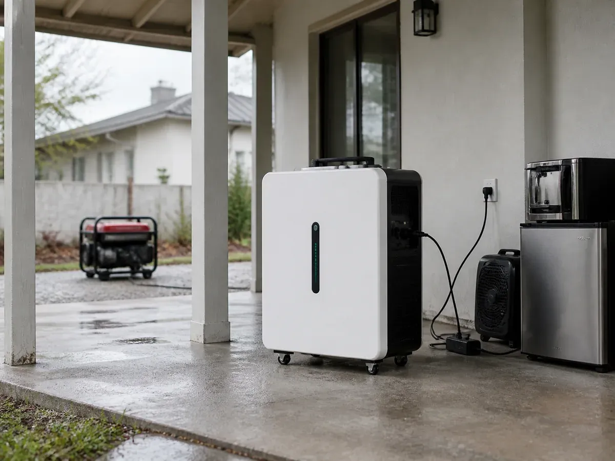 White 4kWh home battery on a covered patio with a small generator unplugged in the background