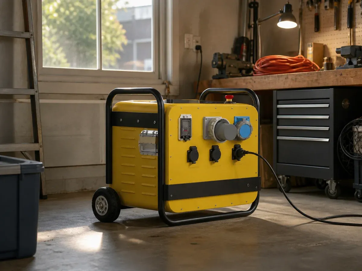 Yellow wheeled 5kWh all-in-one LiFePO4 energy storage machine in a practical residential garage workshop