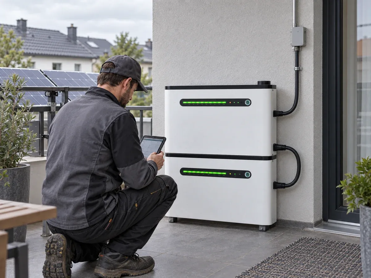 Installer commissioning a stacked white balcony PV energy storage system on a residential terrace