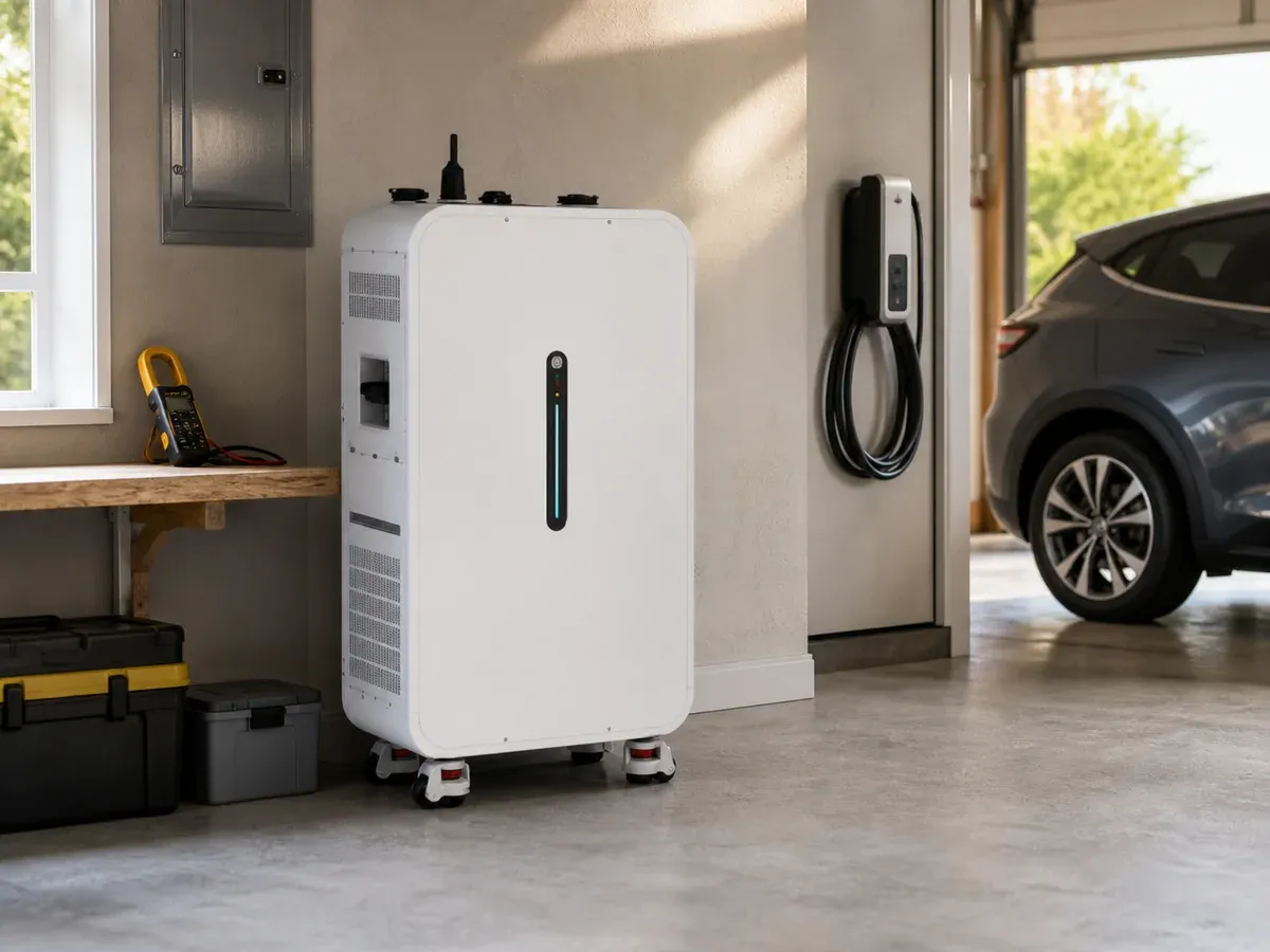 White 16kWh villa home battery beside an unplugged EV charger during outage planning in a residential garage