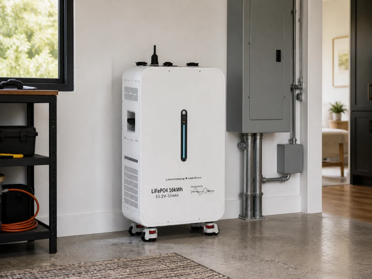 White 16kWh home battery installed beside a residential electrical panel for air conditioner backup planning