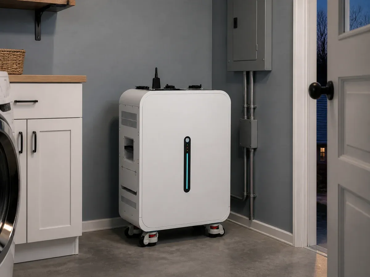 White 5kWh home battery installed beside a residential electrical panel for critical-load backup