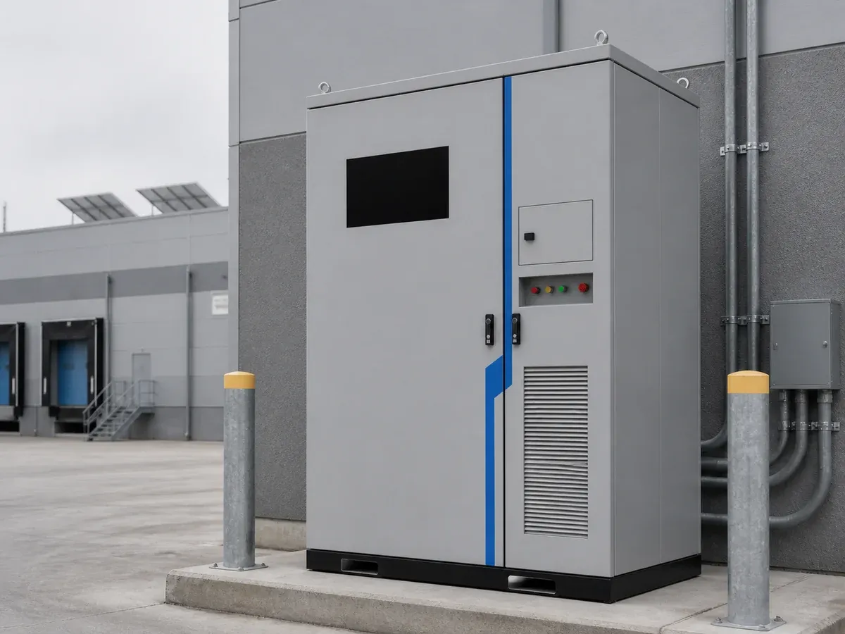 C&I battery storage cabinet installed beside a logistics warehouse for site sizing assessment