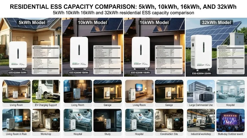 5kWh 10kWh 16kWh and 32kWh residential ESS capacity comparison
